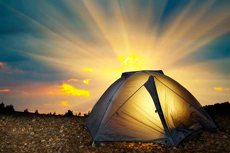 Glowing tent illuminated at sunset, creating a serene atmosphere perfect for a restful night's sleep while camping.