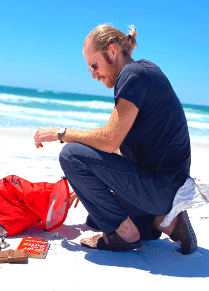 Kuhl Engineered Krew Shirt and Radikl pants on beach