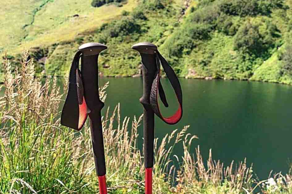  Pair of red and black trekking poles near a lake in a mountainous area