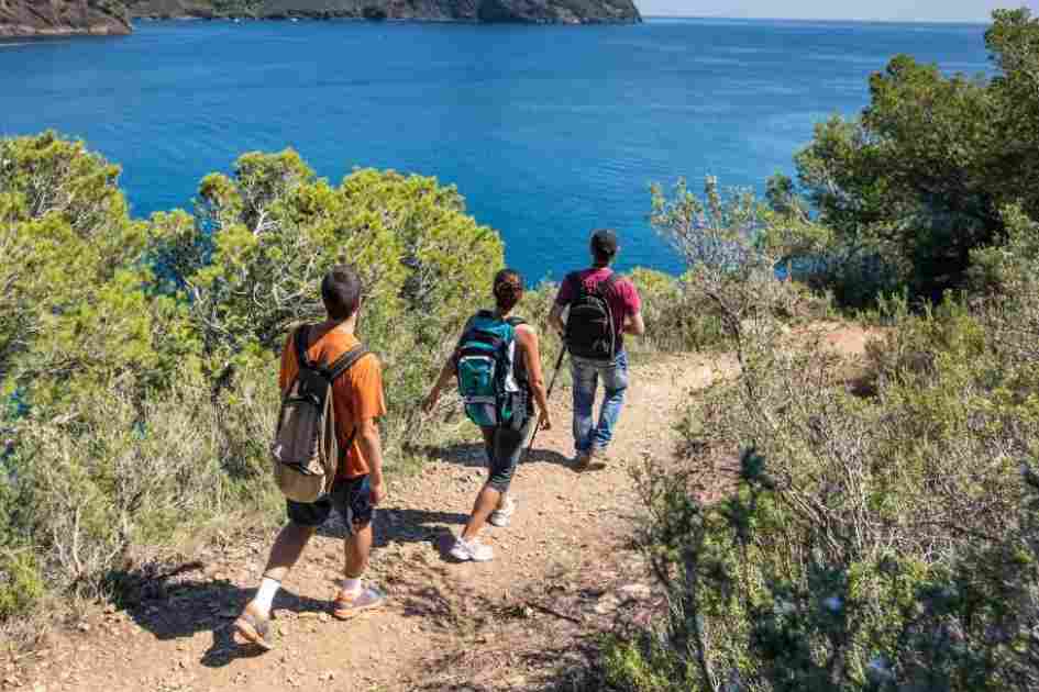  Three hikers walking along a scenic coastal trail, showcasing the muscle groups engaged while hiking.