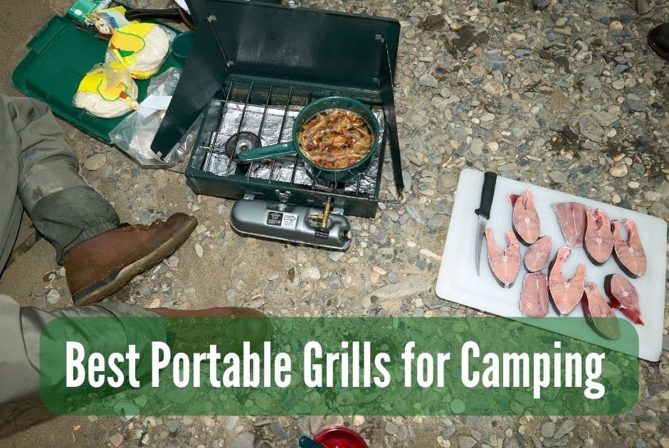 Camper cooking tuna on portable grill