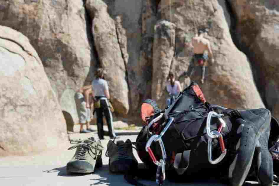 A collection of bouldering gear, including climbing shoes, harness, and carabiners, with climbers in action on rocky terrain